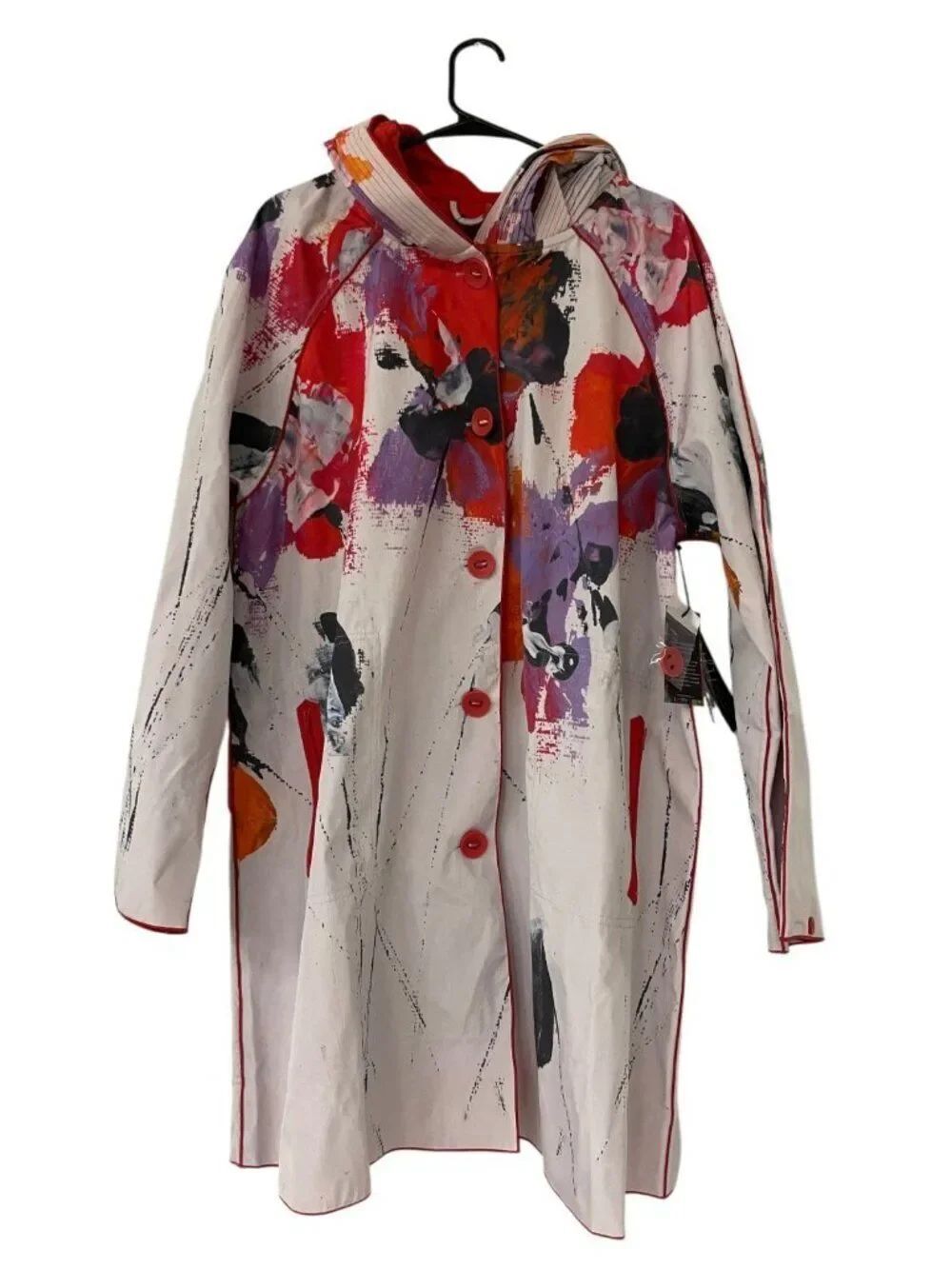 Ubu Womens Parisian Raincoat Jacket 1X Fun Pops Abstract Red Button-Front NWT